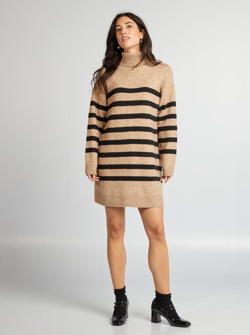 Vestido-camisola de malha com gola alta BEGE - Kiabi
