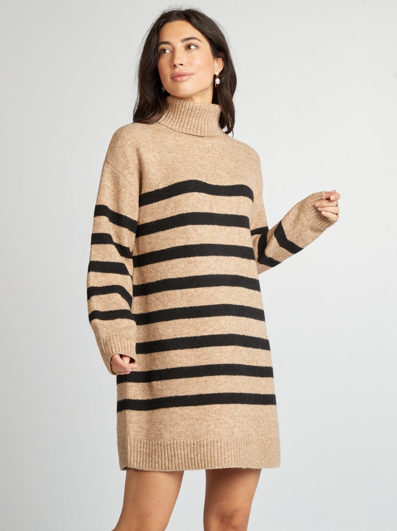 Vestido-camisola de malha com gola alta BEGE - Kiabi