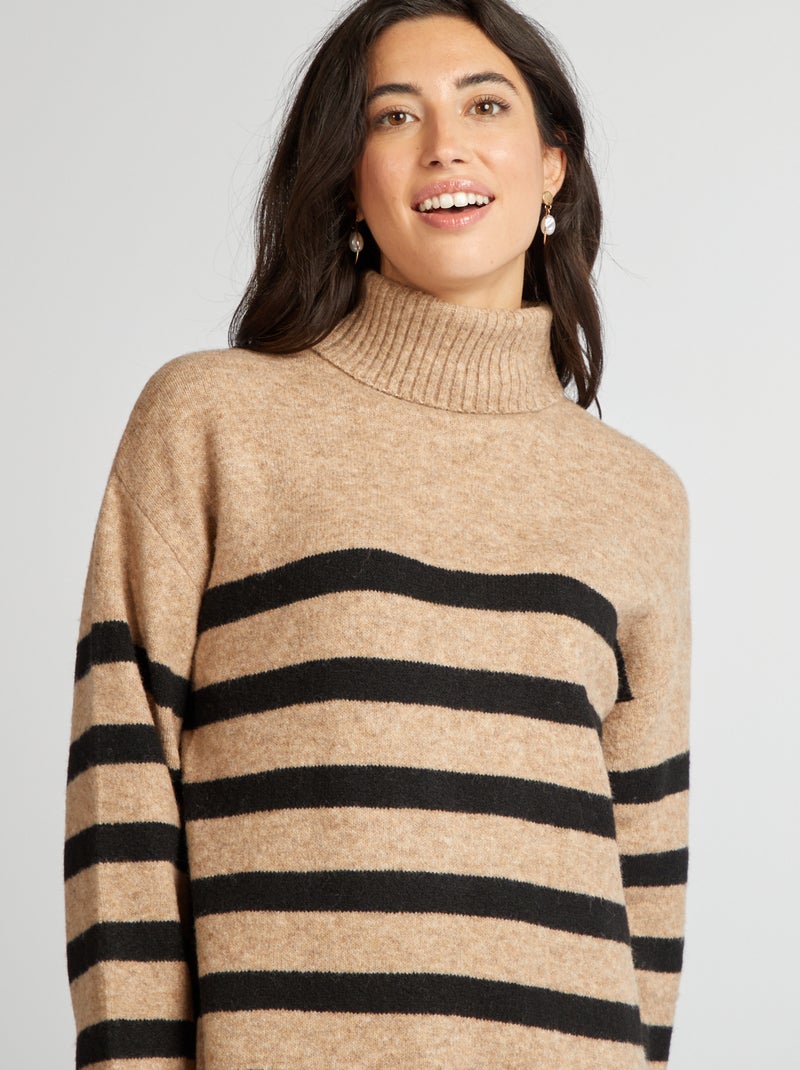 Vestido-camisola de malha com gola alta BEGE - Kiabi