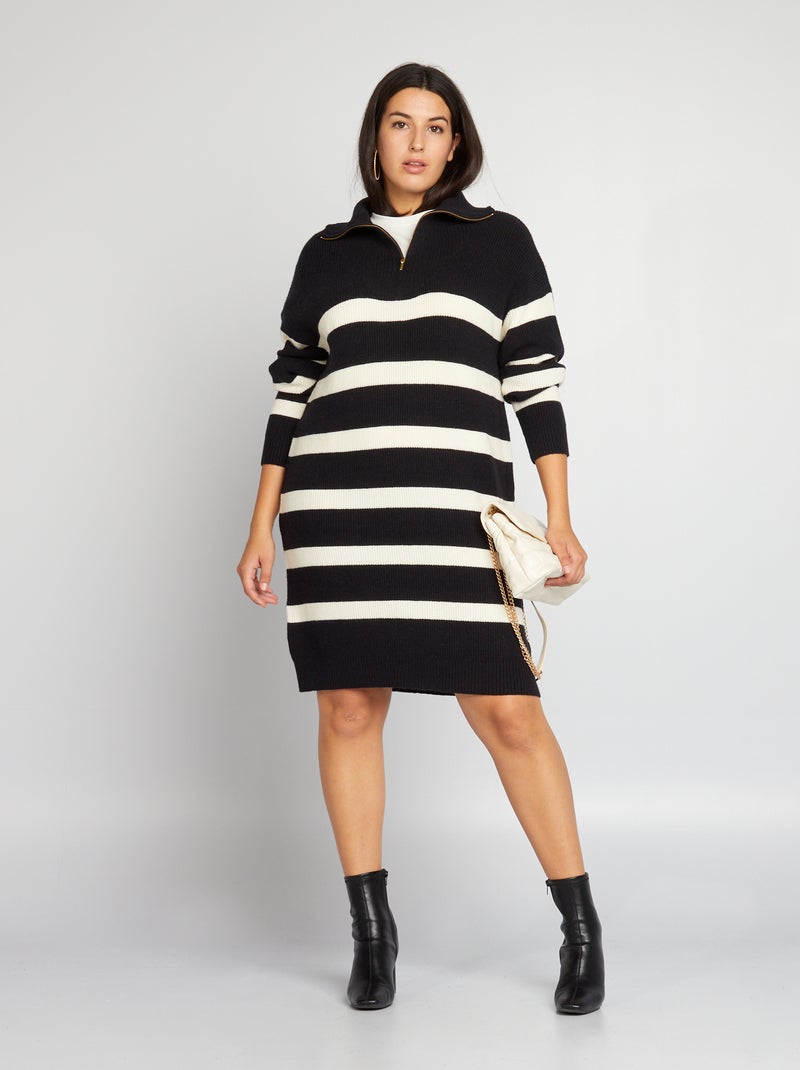 Vestido-camisola de malha com gola com fecho PRETO - Kiabi
