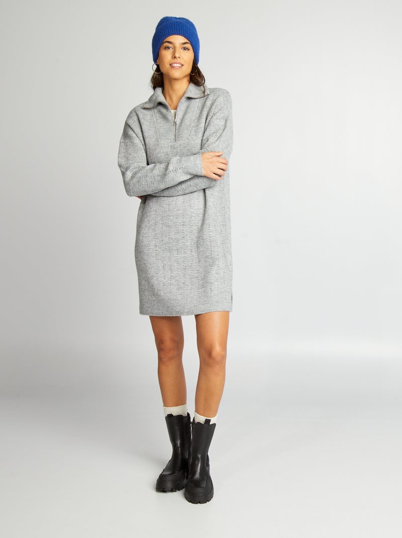 Vestido-camisola de malha pointelle com gola de fecho CINZA - Kiabi