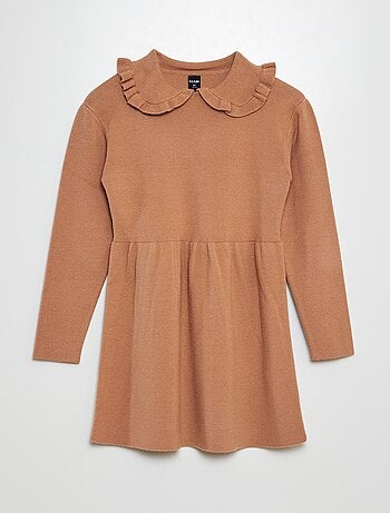 Vestido-camisola em malha de tricô com gola de folhos