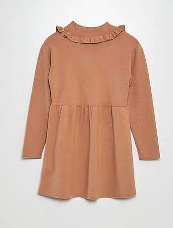 Vestido-camisola em malha de tricô com gola de folhos