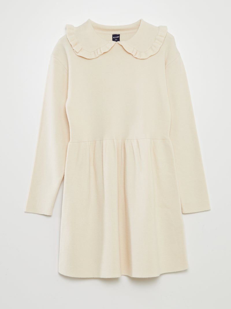 Vestido-camisola em malha de tricô com gola de folhos BRANCO - Kiabi