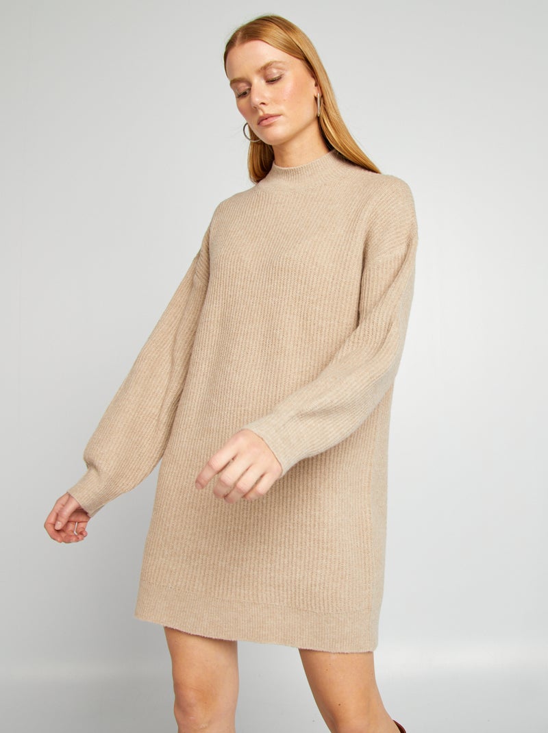 Vestido-camisola em malha e gola rente ao pescoço- BEGE - Kiabi