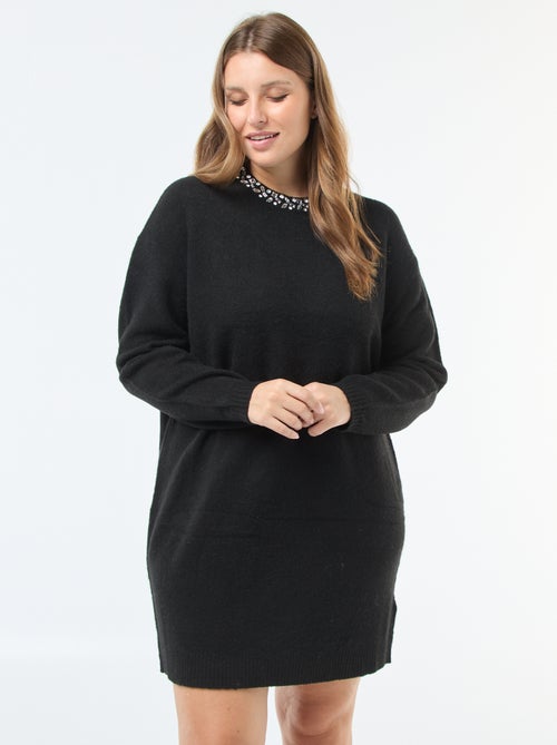 Vestido camisola em malha grossa com strass na gola - Kiabi