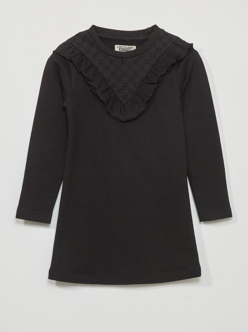Vestido-camisola em moletão com folhos PRETO - Kiabi