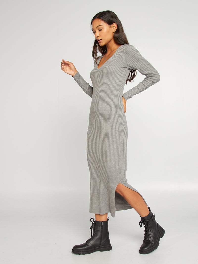 Vestido-camisola justo de malha canelada CINZA - Kiabi