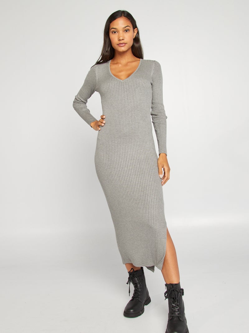 Vestido-camisola justo de malha canelada CINZA - Kiabi