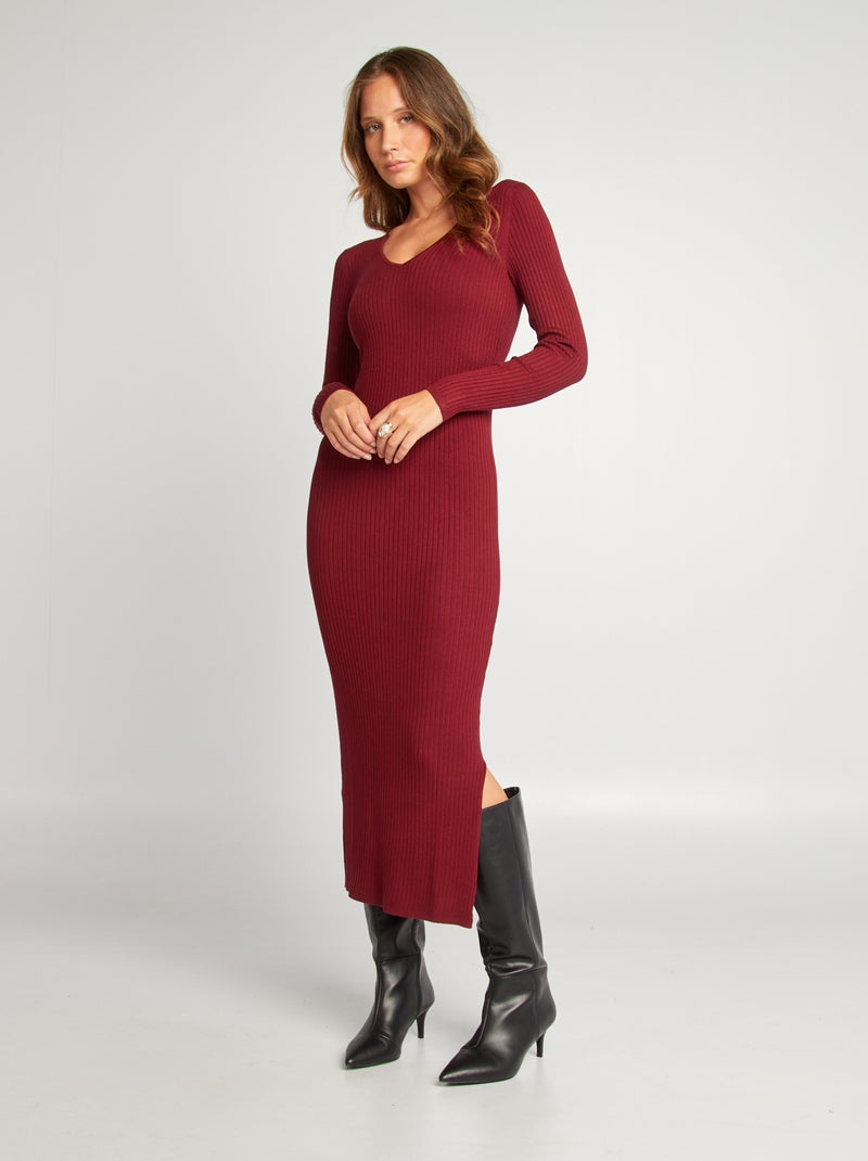 Vestido-camisola justo de malha canelada VERMELHO - Kiabi