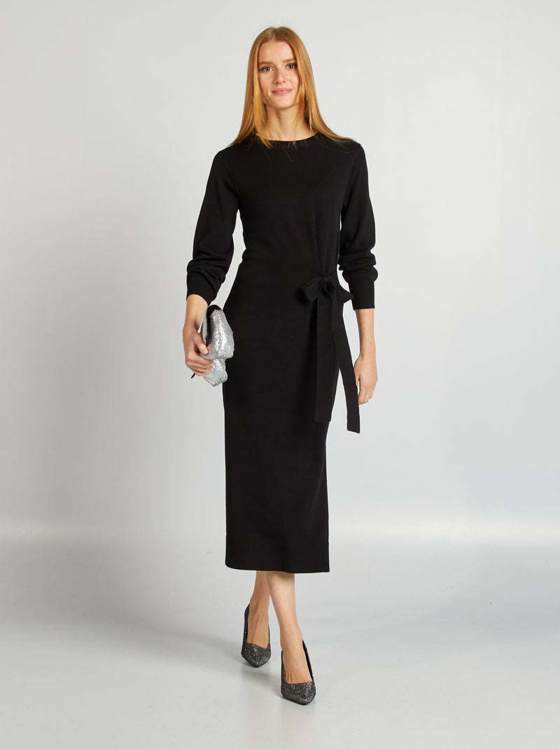 Vestido-camisola midi a cintar Preto - Kiabi