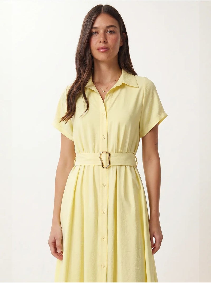Vestido camisola midi de popelina com cinto istanbul Amarelo-limão - Kiabi