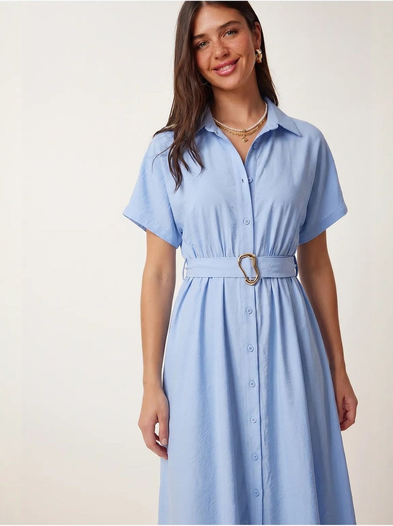 Vestido camisola midi de popelina com cinto istanbul Azul-céu - Kiabi