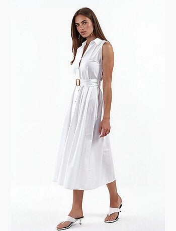 Vestido camisola midi de popelina sem mangas com cinto busem