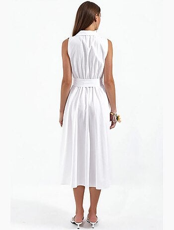 Vestido camisola midi de popelina sem mangas com cinto busem