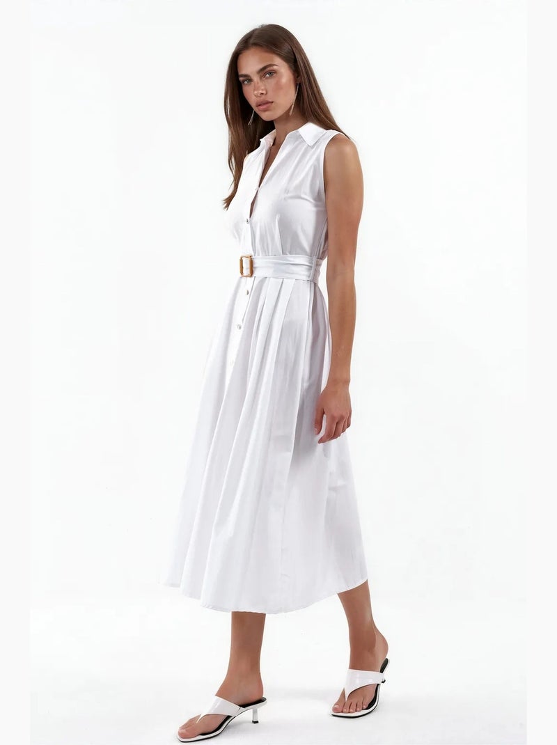Vestido camisola midi de popelina sem mangas com cinto busem Branco - Kiabi