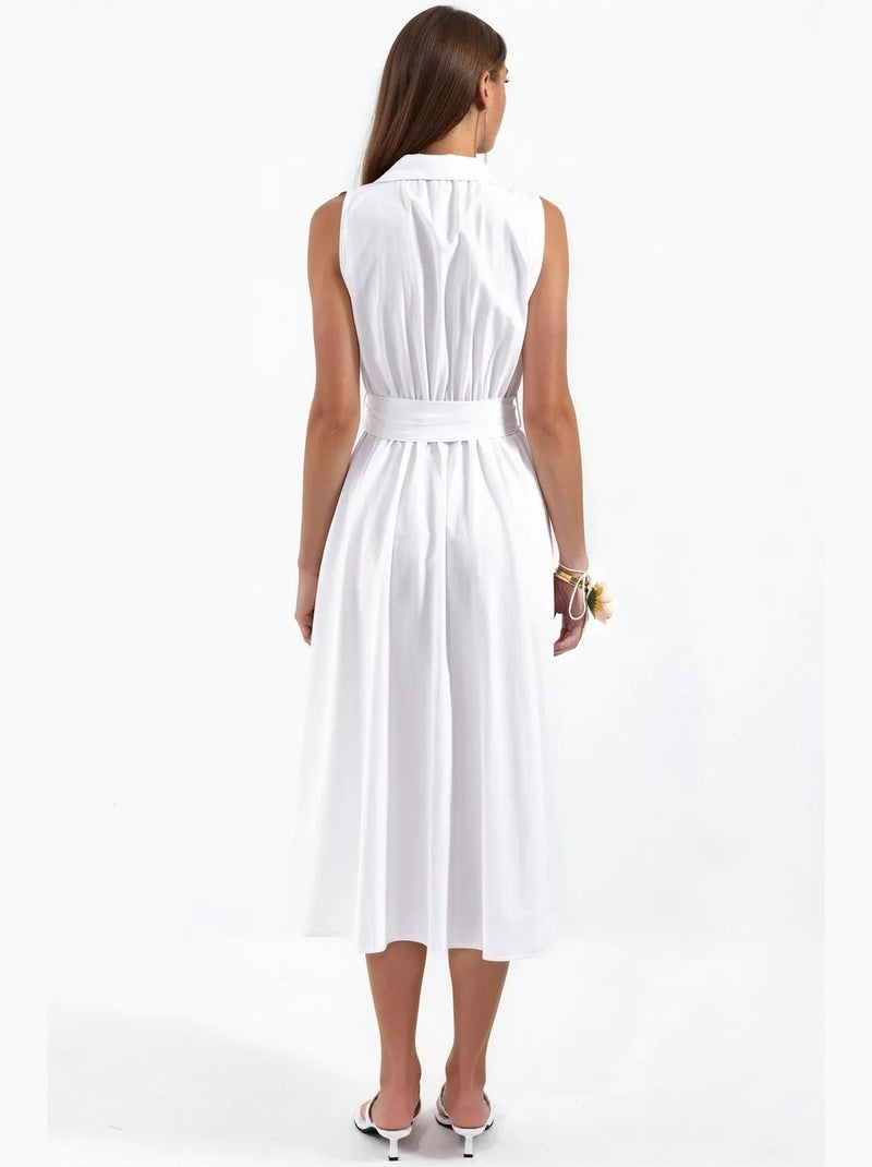 Vestido camisola midi de popelina sem mangas com cinto busem Branco - Kiabi