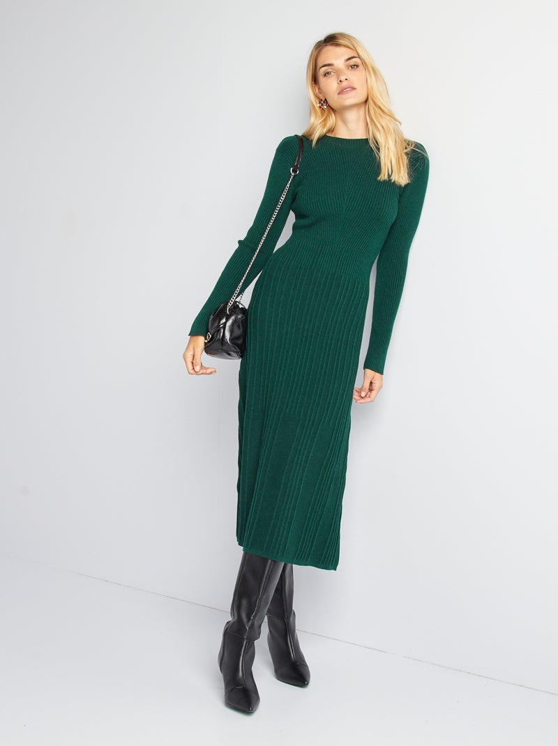 Vestido-camisola midi nervurado VERDE - Kiabi