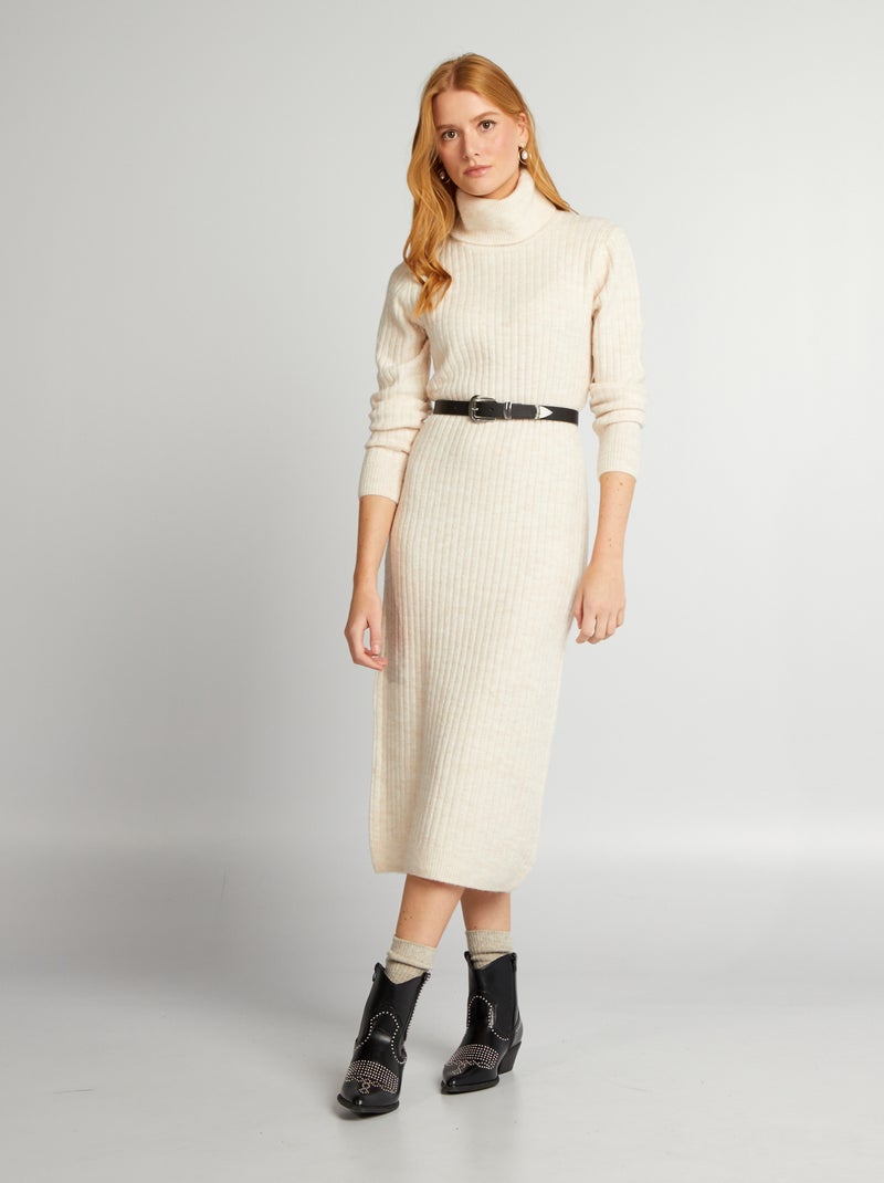 Vestido-camisola pelo joelho e gola alta BEGE - Kiabi