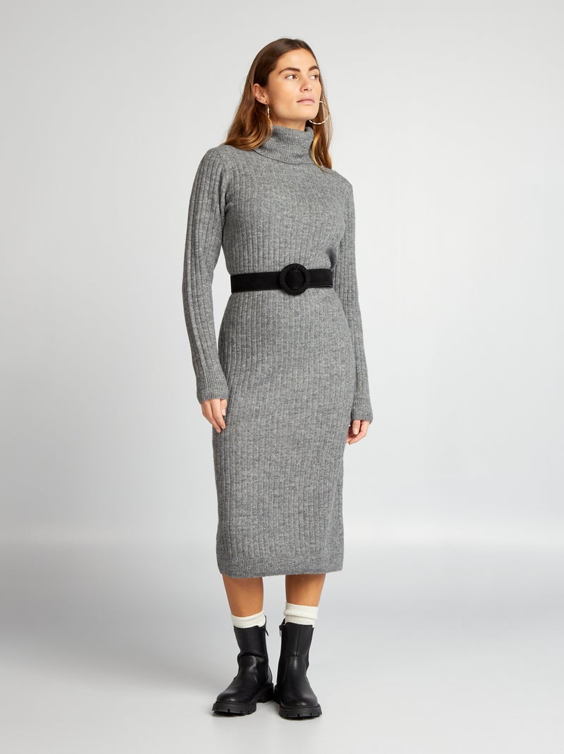 Vestido-camisola pelo joelho e gola alta CINZA - Kiabi