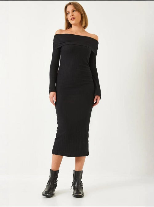 Vestido canelado com decote madonna e manga flare lucci - Kiabi Vestido canelado com decote madonna e manga flare lucci - Kiabi