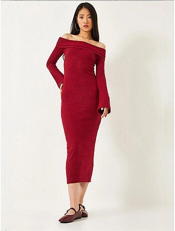 Vestido canelado com decote madonna e manga flare lucci