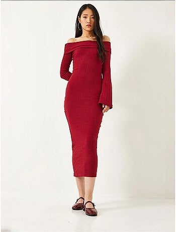Vestido canelado com decote madonna e manga flare lucci