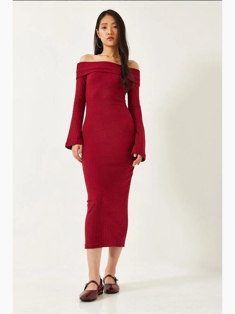 Vestido canelado com decote madonna e manga flare lucci Vermelho bordô - Kiabi