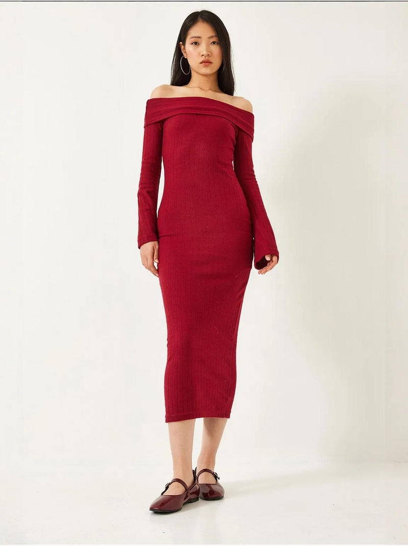 Vestido canelado com decote madonna e manga flare lucci Vermelho bordô - Kiabi