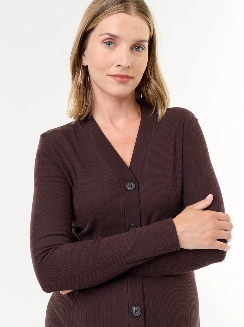 Vestido cardigan abotoado em canelado Castanho - Kiabi