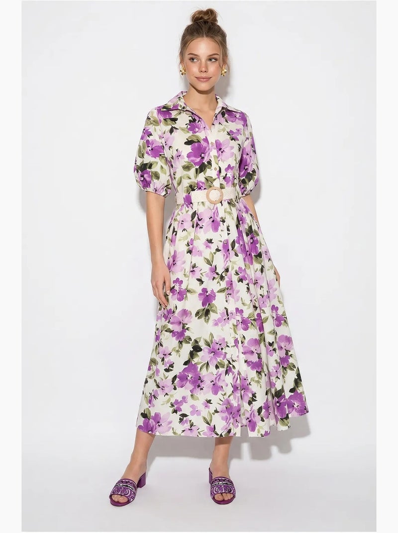 Vestido chemise midi floral com cinto lucci Branco - Kiabi