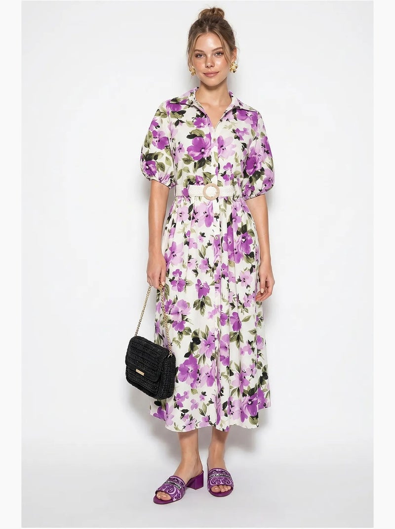 Vestido chemise midi floral com cinto lucci Branco - Kiabi