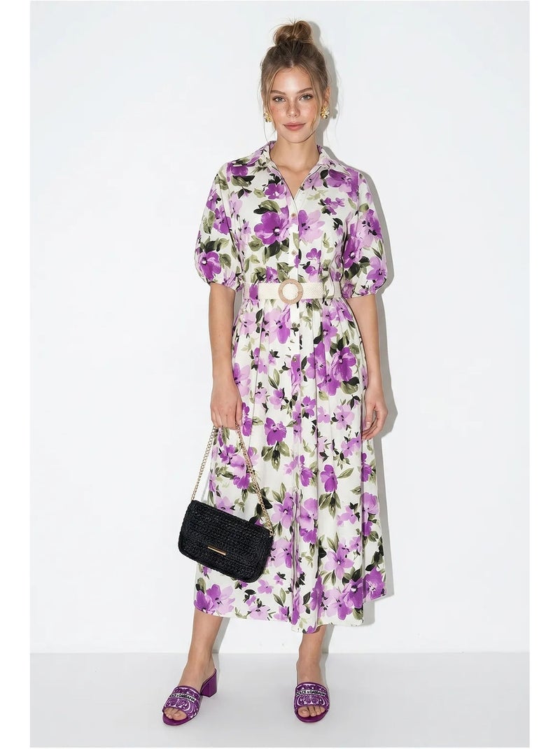 Vestido chemise midi floral com cinto lucci Branco - Kiabi