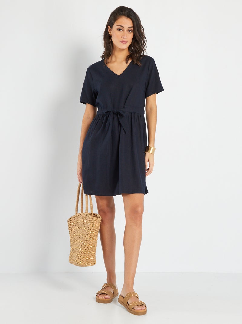 Vestido cintado de linho 'JDY' AZUL - Kiabi