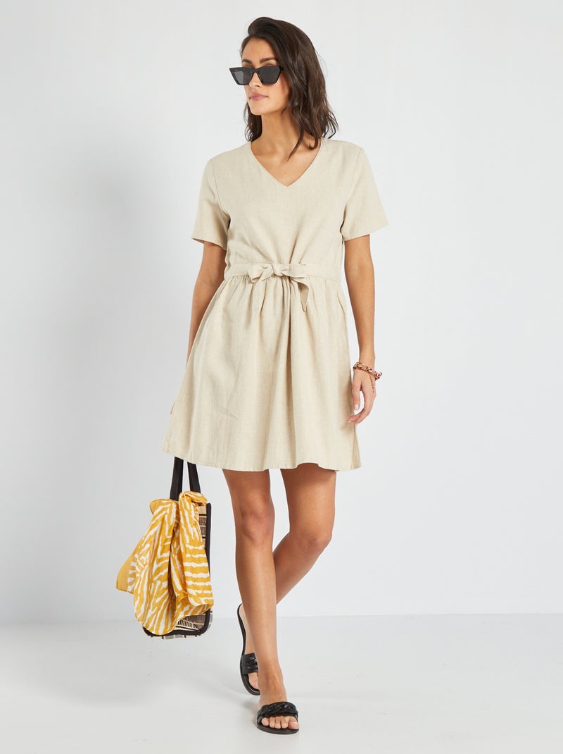 Vestido cintado de linho 'JDY' bege - Kiabi