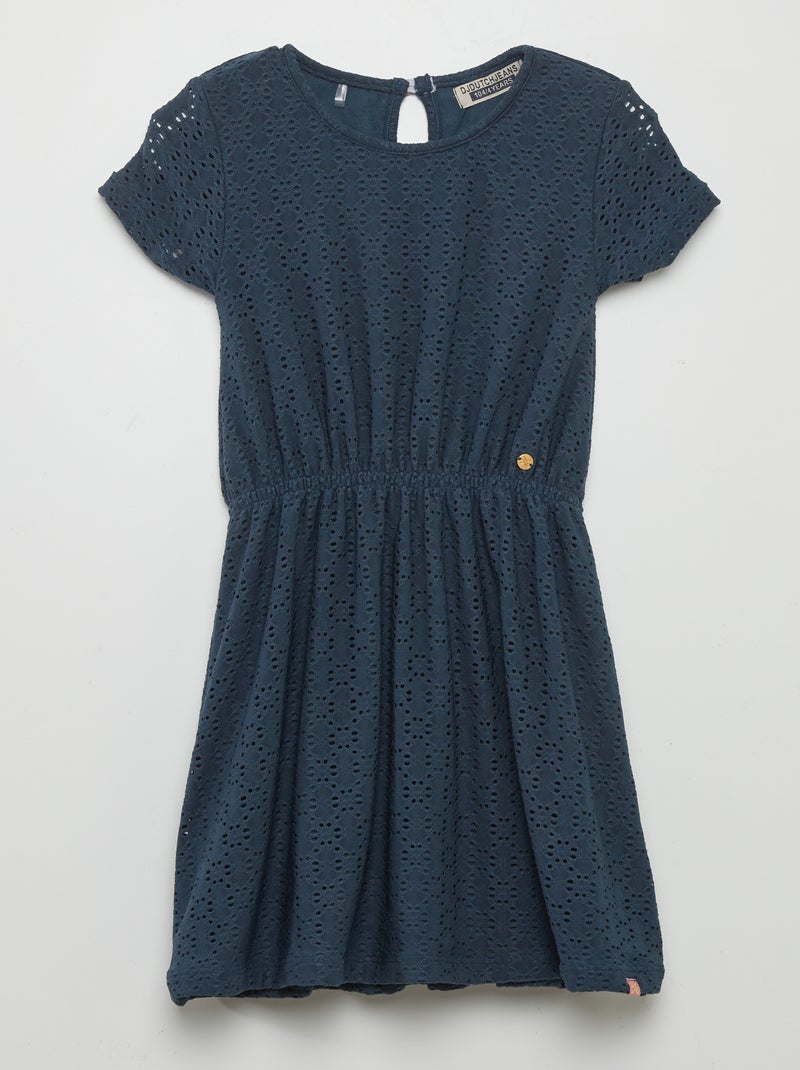 Vestido cintado em malha ajurada AZUL - Kiabi