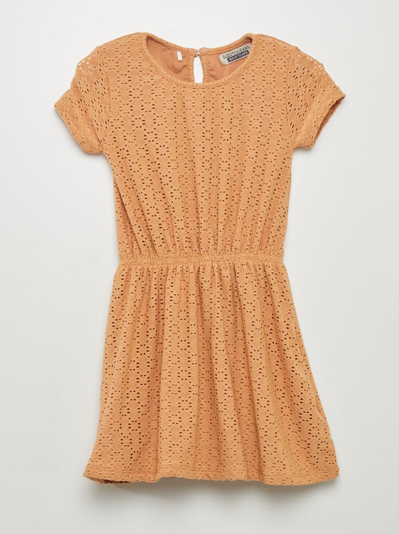 Vestido cintado em malha ajurada CASTANHO - Kiabi
