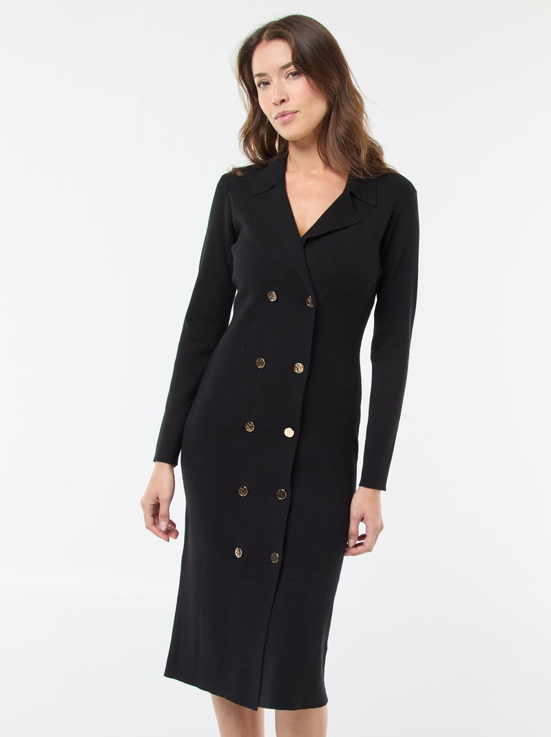 Vestido com abotoadura dupla lisa Preto - Kiabi