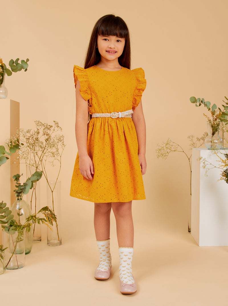Vestido com bordado inglês AMARELO - Kiabi
