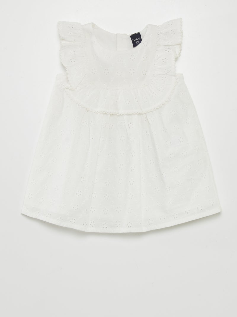 Vestido com bordado inglês e folho Branco - Kiabi