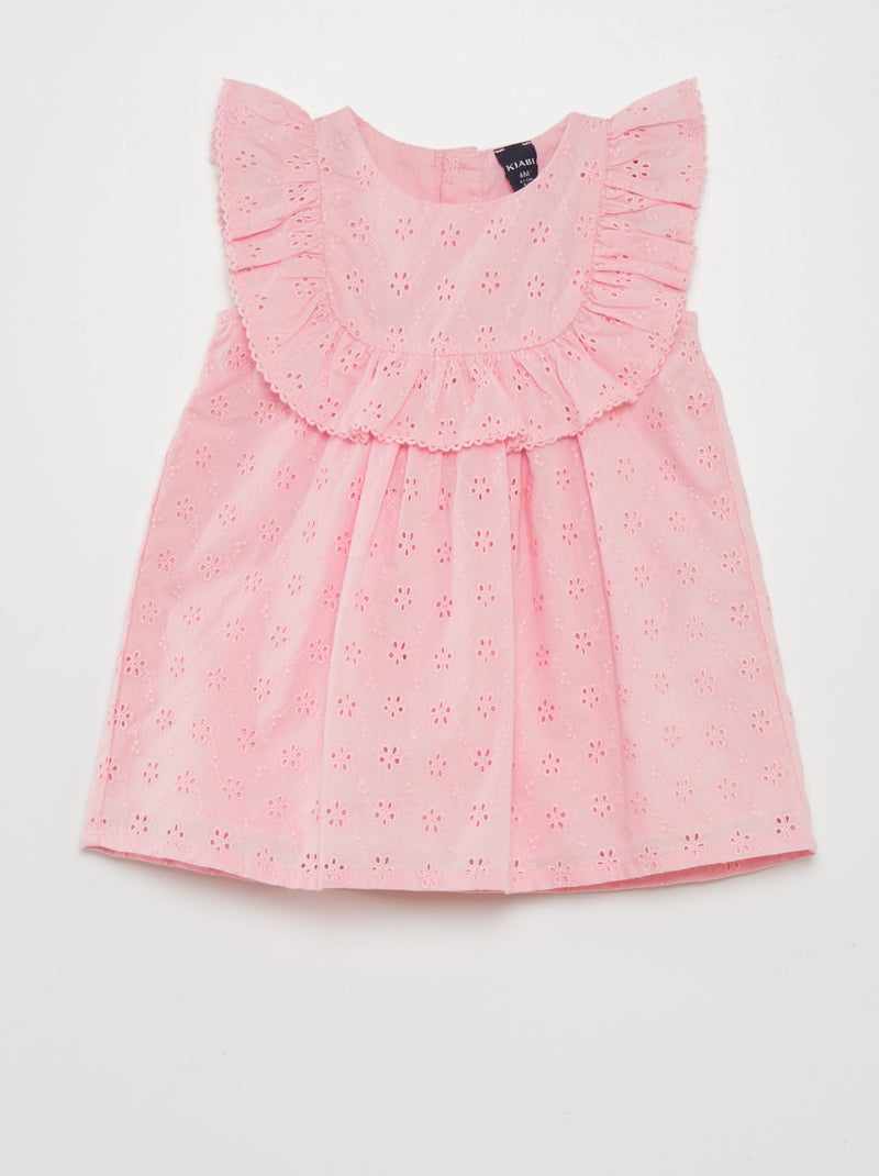 Vestido com bordado inglês e folho ROSA - Kiabi