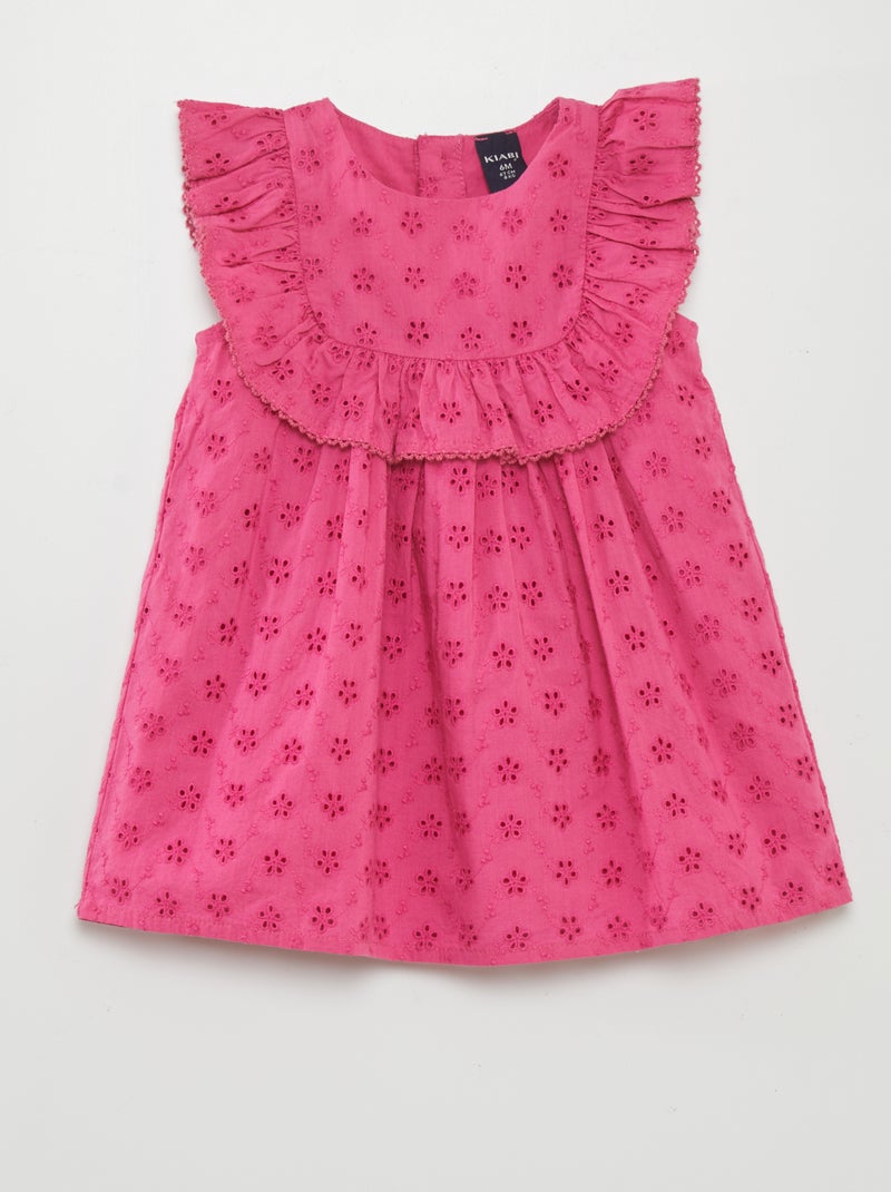 Vestido com bordado inglês e folho ROSA - Kiabi