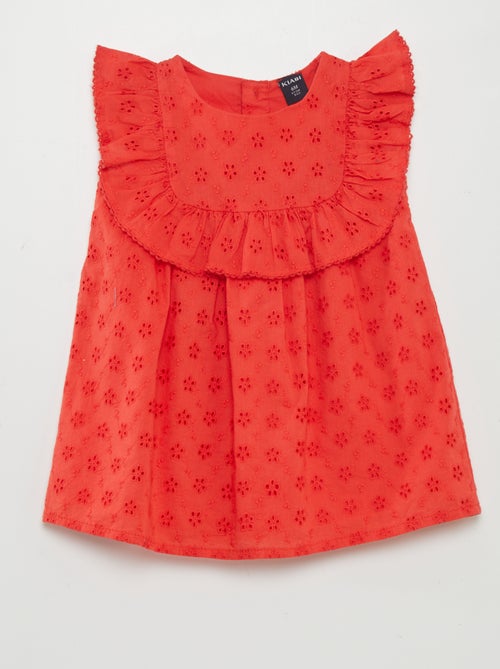 Vestido com bordado inglês e folho - Kiabi