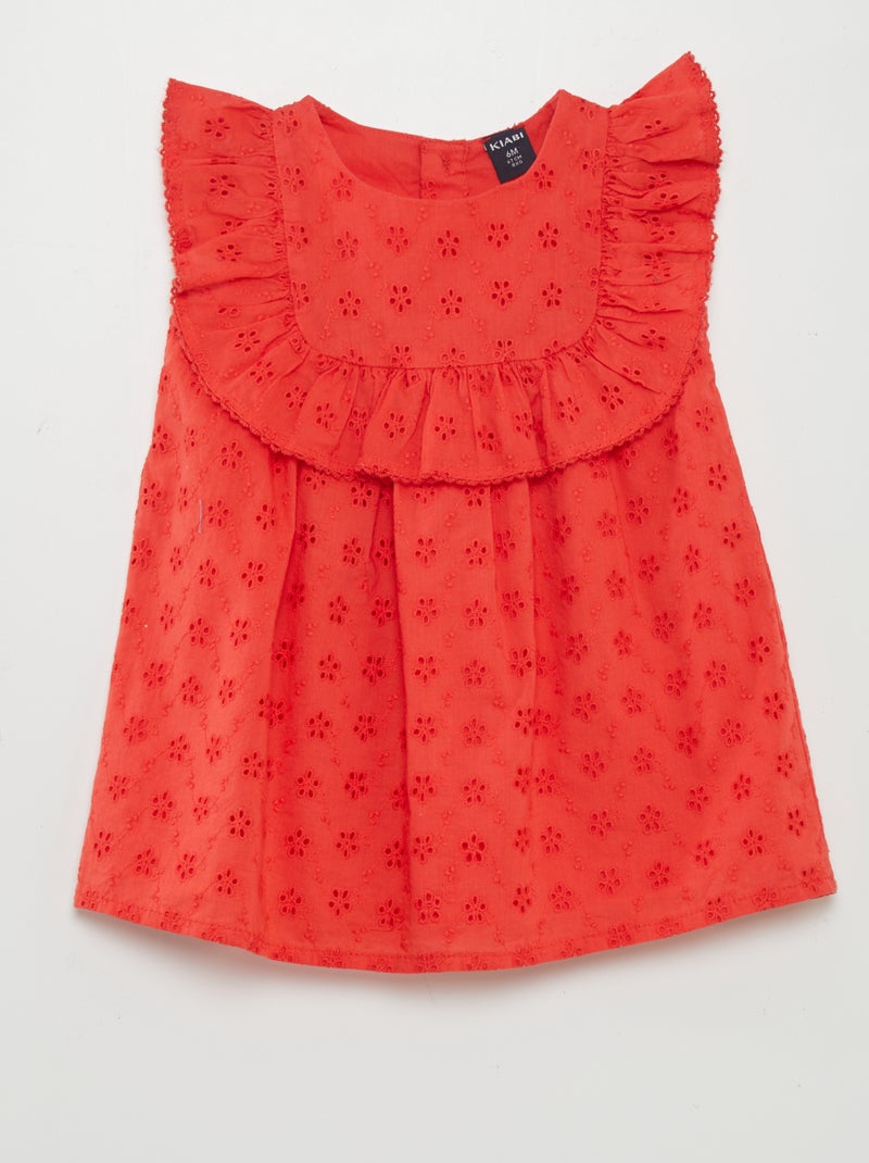 Vestido com bordado inglês e folho VERMELHO - Kiabi