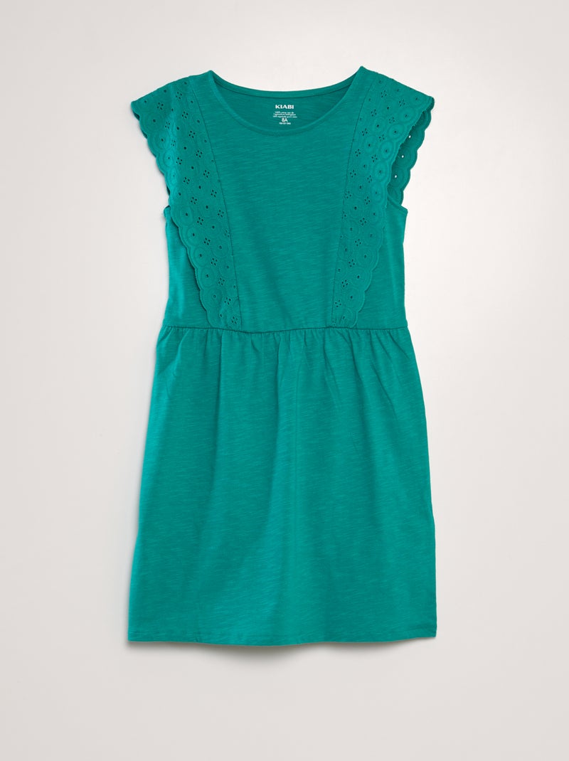 Vestido com bordado inglês VERDE - Kiabi