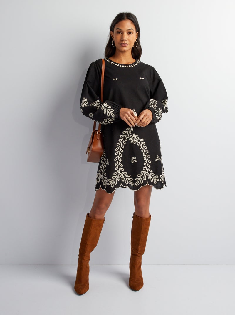 Vestido com bordado Preto - Kiabi