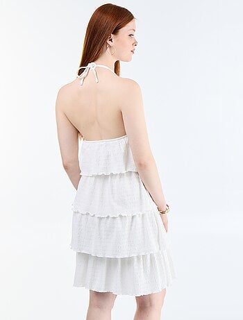 Vestido com costas nuas em malha gofrada em camadas