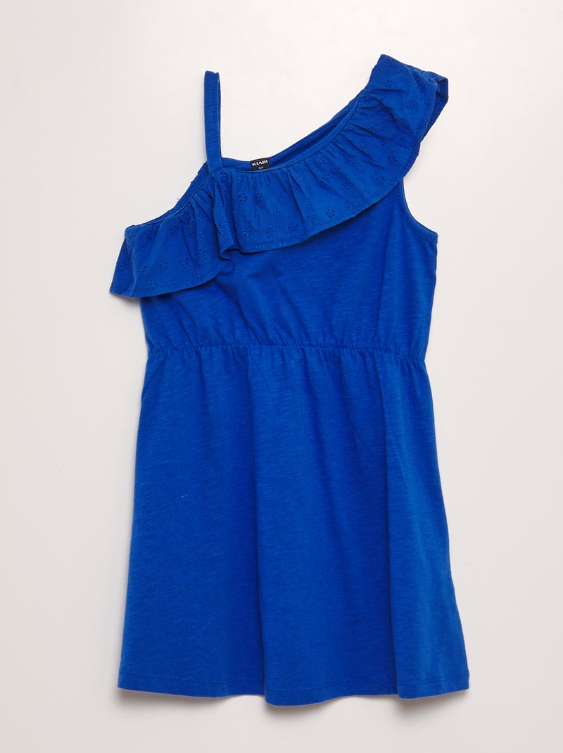 Vestido com decote com folhos em bordado inglês Azul - Kiabi