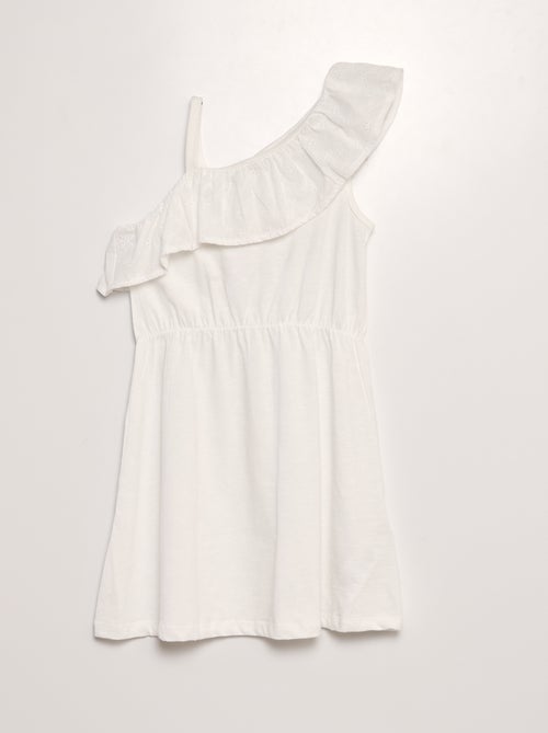 Vestido com decote com folhos em bordado inglês - Kiabi