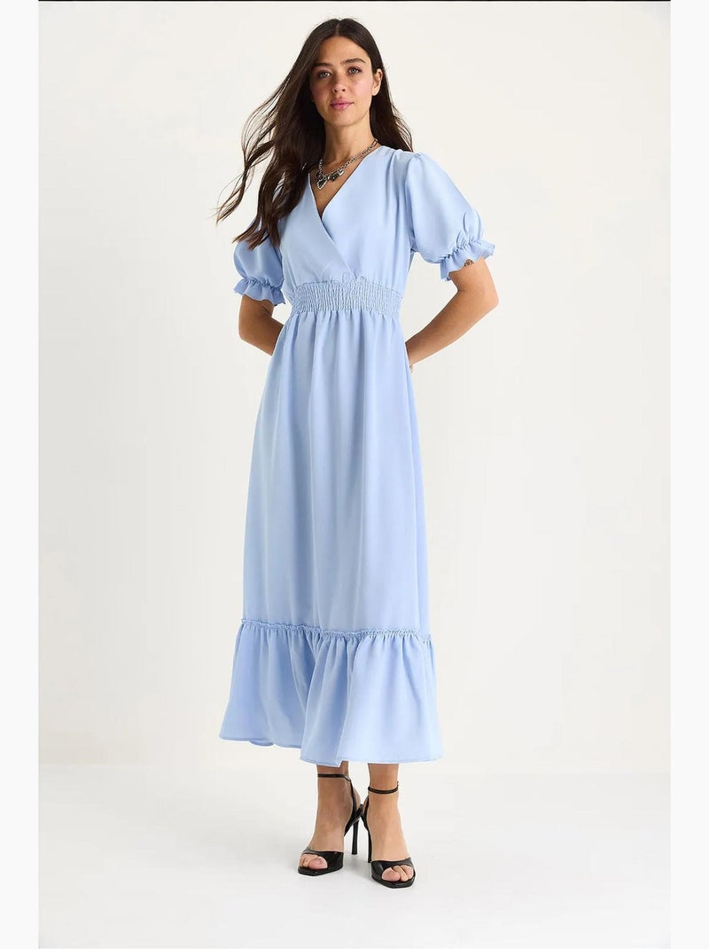 Vestido com decote cruzado, cintura franzida e mangas elásticas lucci Azul-céu - Kiabi